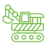 A green outline drawing of an excavator with a front digging arm and a tracked base. The design is simplistic and the vehicle is viewed from the side.