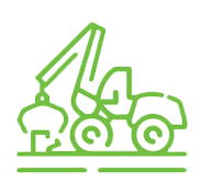 A simplified green outline of a construction or forestry vehicle, designed to lift or handle loads. The machine has a crane-like arm and large wheels, depicted in a minimalistic style against a white background.