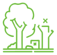 Green line art illustration of two trees, one fully grown and leafy, and the other cut down with a stump remaining. A small chunk of wood with a cross mark sits next to the stump, symbolizing deforestation or tree felling.