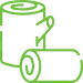 Illustration of two green rolls. One roll is standing upright with a partial unraveling, and the other is lying horizontally with an unwound portion extending out. The design is simple and minimalist, emphasizing the cylindrical shapes and contours of the rolls.