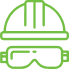 An icon depicting a green hard hat with two vertical stripes near the center, above a pair of safety goggles. The goggles have a strap and are positioned directly below the hard hat. The icon represents safety equipment commonly used in construction or industrial environments.