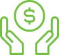 Green outline of two hands raised with open palms facing up, appearing to hold a circular coin with a dollar sign in the center. The hands and coin are stylized with simple, clean lines.