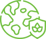 A simple green line drawing of Earth with a shield featuring a leaf emblem in the lower right corner, symbolizing environmental protection and sustainability.