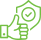 A green outlined icon of a hand giving a thumbs-up gesture next to a shield with a checkmark inside it, symbolizing approval, security, or protection.