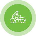 A white outline of an excavator on a bright green circular background. The excavator has a boom arm extended with a bucket attachment, giving it a mechanical and construction-related appearance.