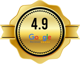 A gold badge displaying a 4.9 rating from Google Reviews with five stars below the text.