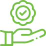 A green line drawing of an open hand supporting a badge with a checkmark in the center, suggesting quality assurance or certification. The badge has an outline of a starburst shape around the checkmark.