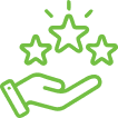 A green outline illustration of a hand facing upward with three stars above it. The stars radiate lines indicating they are shining or sparkling. The entire design has a minimalistic and clean look.