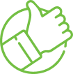 A green line art illustration of a hand giving a thumbs-up gesture is enclosed within a partial circle.