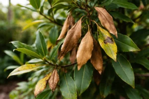 Close-up of bay tree leaves turning brown and yellow due to stress