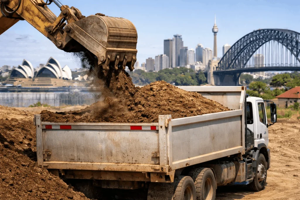 Soil removal excavation truck loading dirt at construction site in Sydney