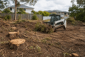 machinery used to clear land with tree stumps and debris on residential site in Sydney