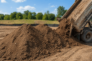 dump truck unloading soil and dirt at residential construction site for removal