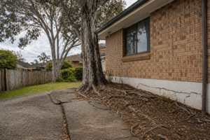 large tree roots causing cracks in house foundation and lifting pavement near residential home