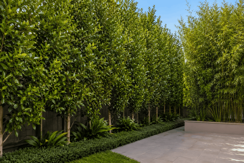 Plant for privacy with dense green trees and bamboo in a Sydney backyard